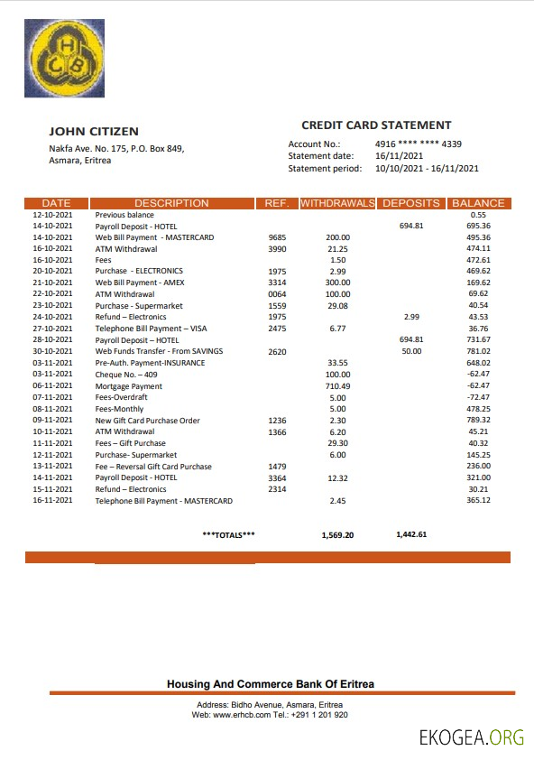 Modèle de relevé bancaire de l'Érythrée pour le logement et le commerce, format Word et PDF